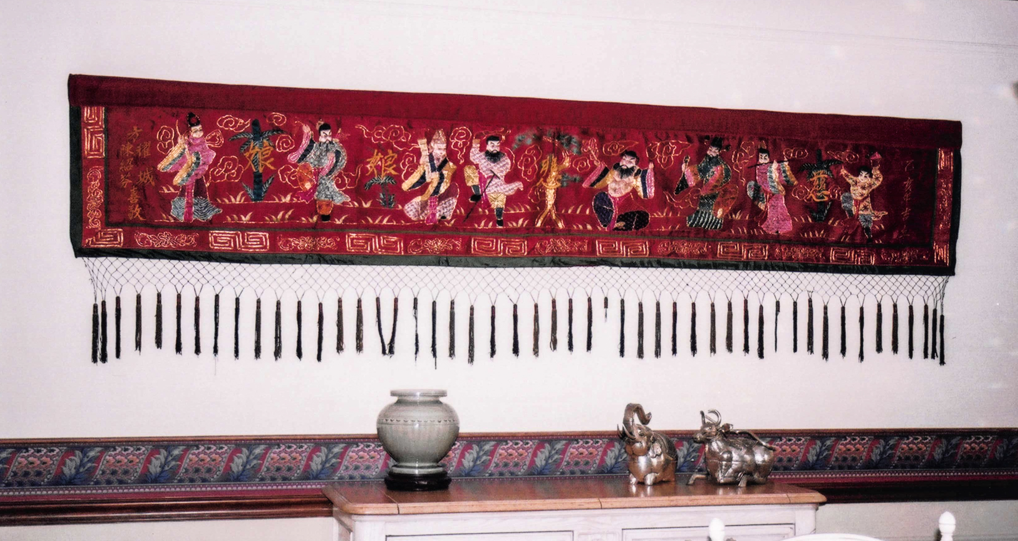 Hanging structure with emboidered japanese silk with figures